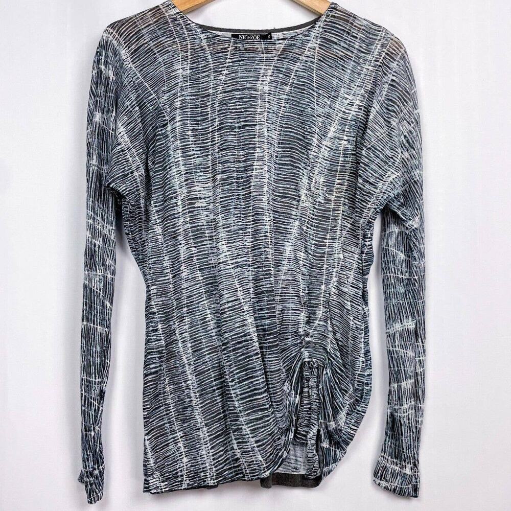 NIC+ZOE Gray and White Scoop Neck Long Sleeve Sweater